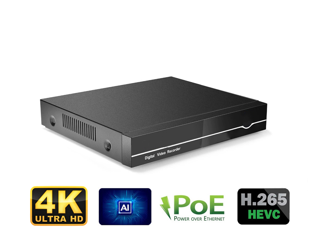 PoE NVR Digitální záznamové zařízení pro 4 IP kamery H.265 802.3af ONVIF 4CH (4K / 8Mpx) HDMI