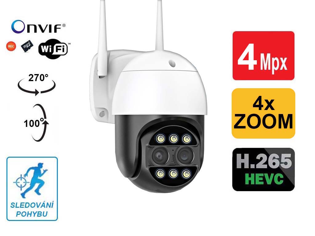 Wi-Fi Venkovní OTOČNÁ IP kamera H.265 FullHD+ 4.0Mpx, 4x optický ZOOM, DUÁLNÍ objektiv, ONVIF, slot na SD karty AUDIO