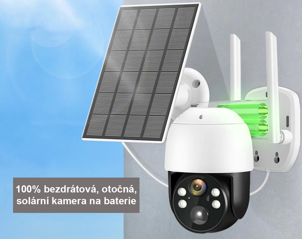 SOLÁRNÍ OTOČNÁ venkovní Wi-Fi IP kamera UltraHD 4Mpx na baterie se záznamem na SD kartu PIR čidlo AUDIO