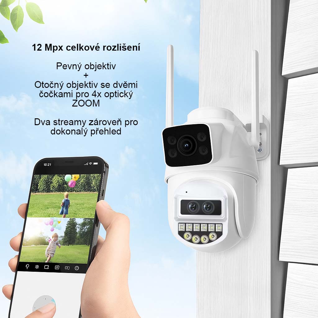 Venkovní otočná Wi-Fi IP kamera Ultra HD 12 Mpx, DUÁLNÍ zobrazení 2v1, 4× optický ZOOM, microSD slot a obousměrné AUDIO
