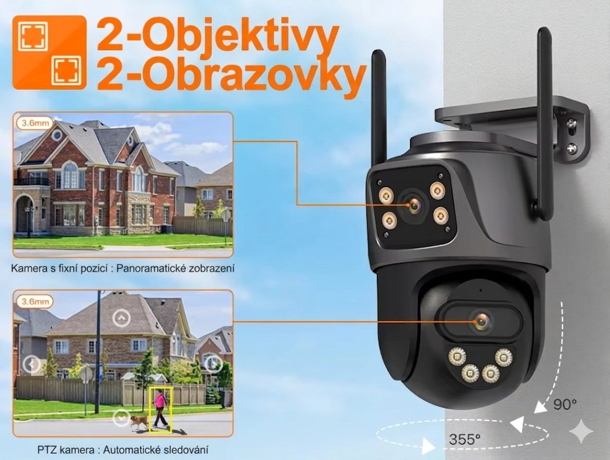 Venkovní 4G LTE otočná kamera 2v1 se dvěma objektivy, 6.0MPx, AUTO-TRACK, H.265, MicroSD slot, AUDIO + SIM zdarma