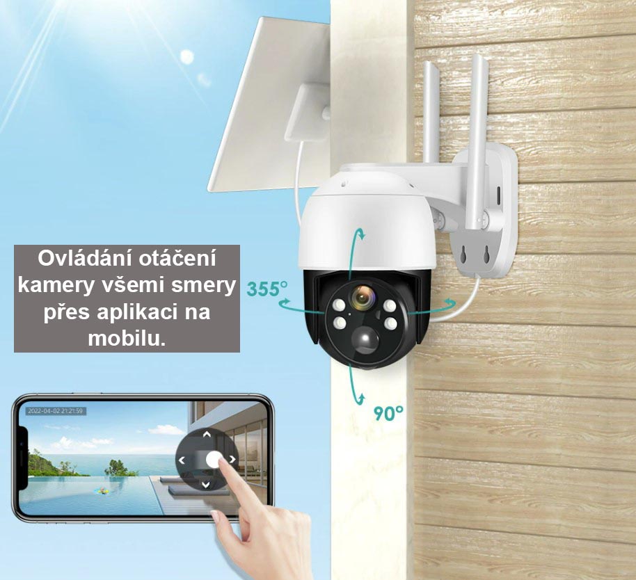 SOLÁRNÍ OTOČNÁ venkovní Wi-Fi IP kamera UltraHD 4Mpx na baterie se záznamem na SD kartu PIR čidlo AUDIO