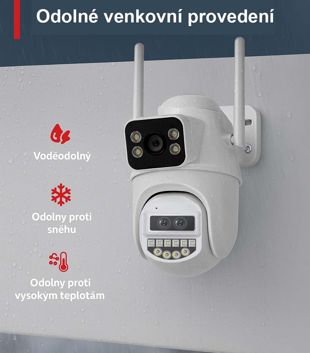 Venkovní otočná Wi-Fi IP kamera Ultra HD 12 Mpx, DUÁLNÍ zobrazení 2v1, 4× optický ZOOM, microSD slot a obousměrné AUDIO