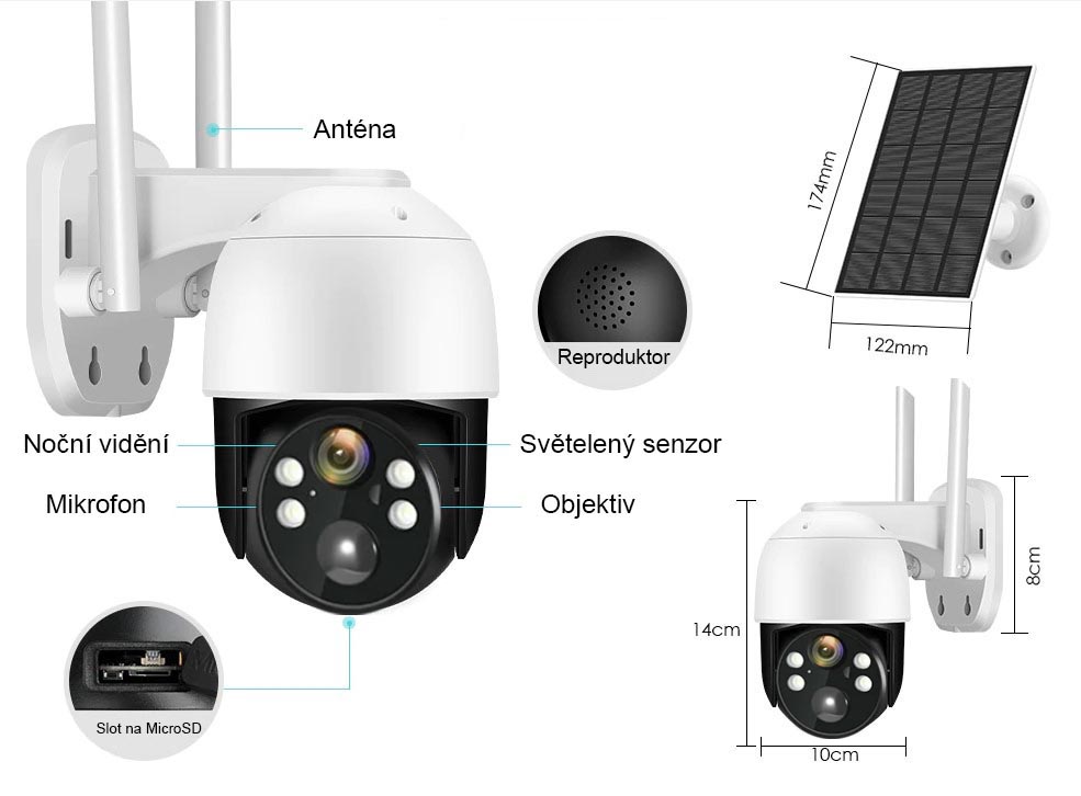 SOLÁRNÍ OTOČNÁ venkovní Wi-Fi IP kamera UltraHD 4Mpx na baterie se záznamem na SD kartu PIR čidlo AUDIO