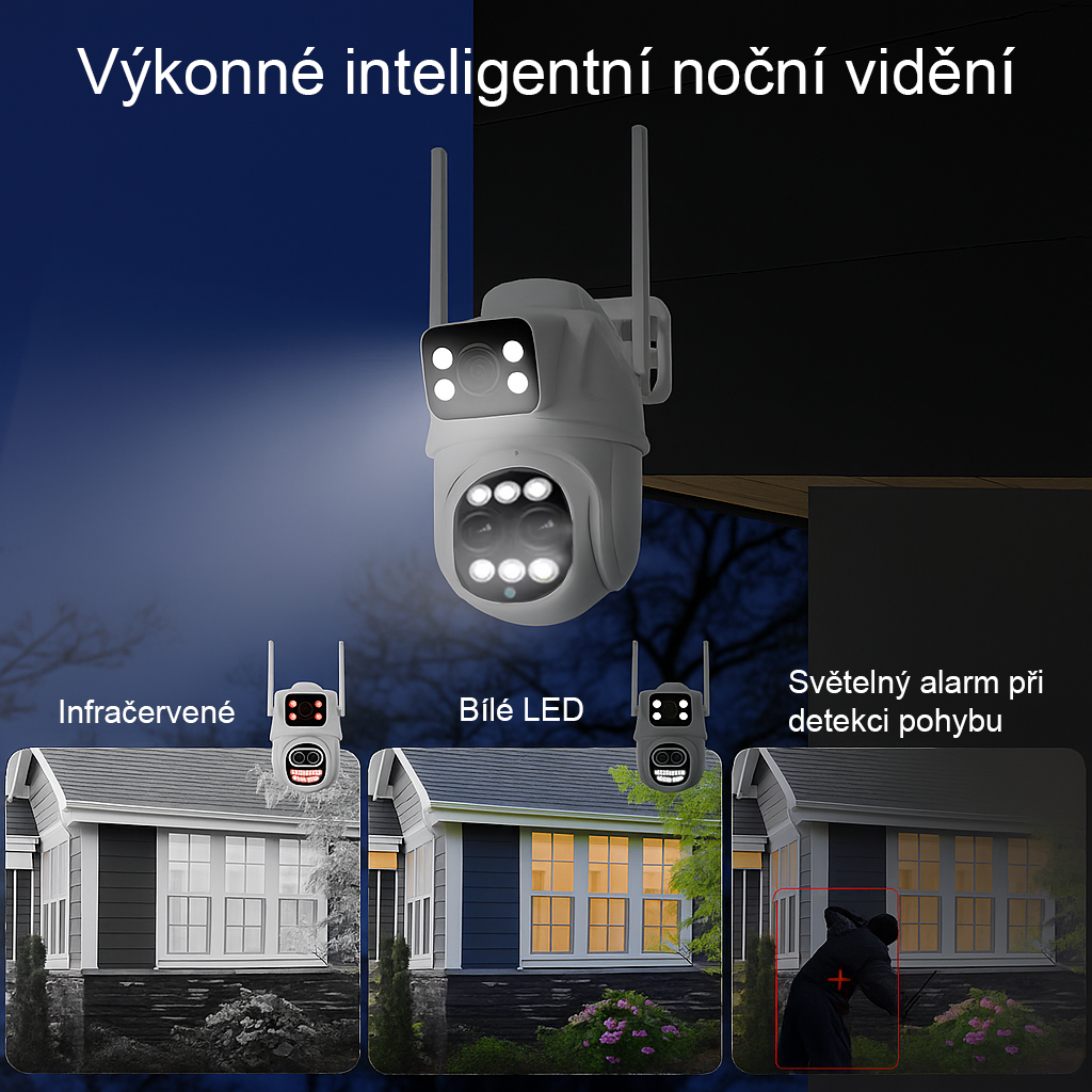 Venkovní otočná Wi-Fi IP kamera Ultra HD 12 Mpx, DUÁLNÍ zobrazení 2v1, 4× optický ZOOM, microSD slot a obousměrné AUDIO