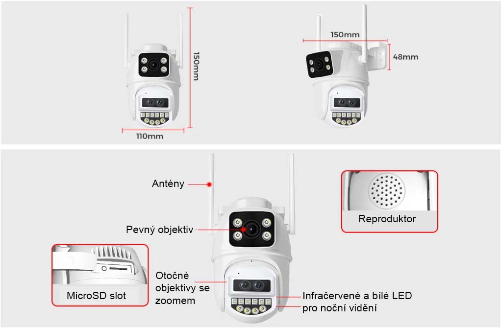 Venkovní otočná Wi-Fi IP kamera Ultra HD 12 Mpx, DUÁLNÍ zobrazení 2v1, 4× optický ZOOM, microSD slot a obousměrné AUDIO