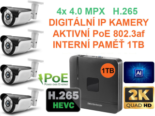 PROFI Digitální Venkovní IP kamerový set QHD (2K) 4.0Mpx H.265 se záznamem 1TB Aktivní PoE 802.3af