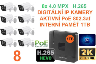 PROFI Digitální Venkovní SET 8 IP kamer QHD (2K) 4.0Mpx H.265 se záznamem 1TB Aktivní PoE 802.3af