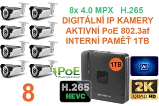 PROFI Digitální Venkovní SET 8 IP kamer QHD (2K) 4.0Mpx H.265 se záznamem 1TB Aktivní PoE 802.3af