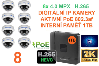 PROFI Digitální Venkovní SET 8 DOME IP kamer QHD (2K) 4.0Mpx H.265 se záznamem 1TB Aktivní PoE 802.3af AUDIO