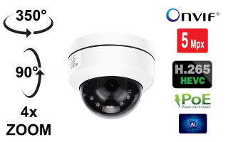5.0 Mpx H.265 Venkovní OTOČNÁ DOME IP kamera, 4x optický ZOOM, AutoFocus, ONVIF, Aktivní PoE napájení AUDIO