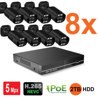 PROFI Digitální Venkovní set 8 IP kamer H.265 UltraHD 5Mpx se záznamem 2TB Aktivní PoE 802.3af