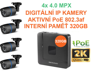 PROFI Digitální Venkovní IP kamerový set QHD (2K) 4.0Mpx se záznamem 320GB Aktivní PoE 802.3af ČERNÉ