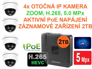 PROFI set 4 venkovních DOME IP kamer OTOČNÉ ZOOM H.265 UltraHD 5Mpx se záznamem 2TB Aktivní PoE napájení AUDIO