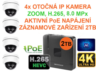 PROFI set 4 venkovních DOME IP kamer OTOČNÉ ZOOM H.265 4K UltraHD 8Mpx se záznamem 2TB Aktivní PoE napájení AUDIO