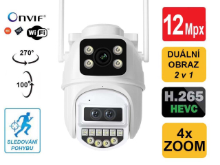 Venkovní otočná Wi-Fi IP kamera Ultra HD 12 Mpx, DUÁLNÍ zobrazení 2v1, 4× optický ZOOM, microSD slot a obousměrné AUDIO