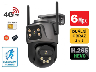 Venkovní 4G LTE otočná kamera 2v1 se dvěma objektivy, 6.0MPx, AUTO-TRACK, H.265, MicroSD slot, AUDIO + SIM zdarma